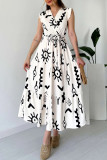 White Casual Print Belted V Neck Long Dresses
