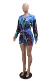 Blue Casual Print Patchwork Shirt Collar Long Sleeve Two Pieces