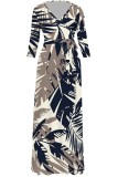 Blue Casual Print Belted V Neck Long Dresses