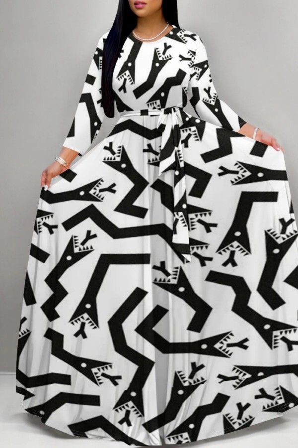 White Casual Print Basic O Neck Long Dresses