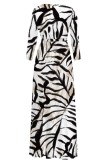Blue Casual Print Belted V Neck Long Dresses