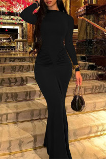 Black Casual Solid Color Ruched O Neck Long Dresses