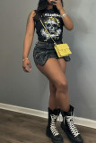 Black Casual Print Patchwork O Neck Tops