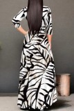 Blue Casual Print Belted V Neck Long Dresses