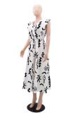 White Casual Print Belted V Neck Long Dresses