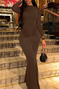 Coffee Casual Solid Color Ruched O Neck Long Dresses
