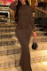 Coffee Casual Solid Color Ruched O Neck Long Dresses