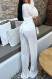 Rose Red Celebrities Solid Color Patchwork Ruched Strap Design Deep V Neck Long Sleeve Two Pieces
