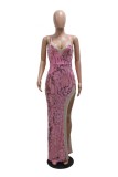 Pink Sexy Patchwork Sequins Backless Slit Spaghetti Strap Long Dresses