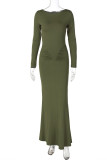 Coffee Casual Solid Color Ruched O Neck Long Dresses