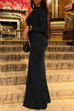Coffee Casual Solid Color Ruched O Neck Long Dresses