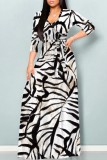 Blue Casual Print Belted V Neck Long Dresses