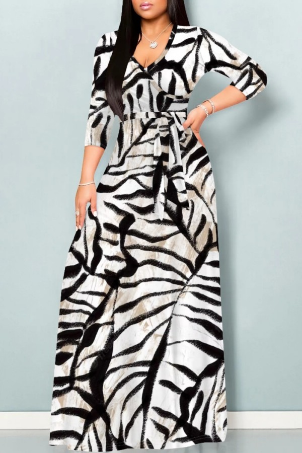 White Casual Print Belted V Neck Long Dresses