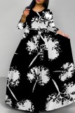 White Casual Print Basic O Neck Long Dresses