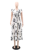White Casual Print Belted V Neck Long Dresses