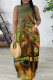 Olive Green Casual Print Basic O Neck Long Dresses