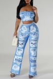 Blue Sexy Casual Print Vests Pants Spaghetti Strap Sleeveless Two Pieces