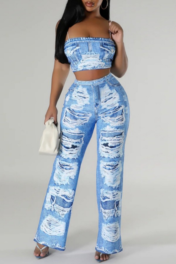 Blue Sexy Casual Print Vests Pants Spaghetti Strap Sleeveless Two Pieces