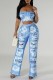 Blue Sexy Casual Print Vests Pants Spaghetti Strap Sleeveless Two Pieces