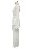 Rose Red Celebrities Solid Color Patchwork Ruched Strap Design Deep V Neck Long Sleeve Two Pieces