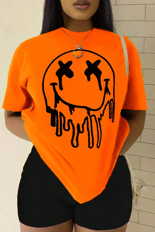 Orange Casual Street Graffiti Print O Neck T-Shirts