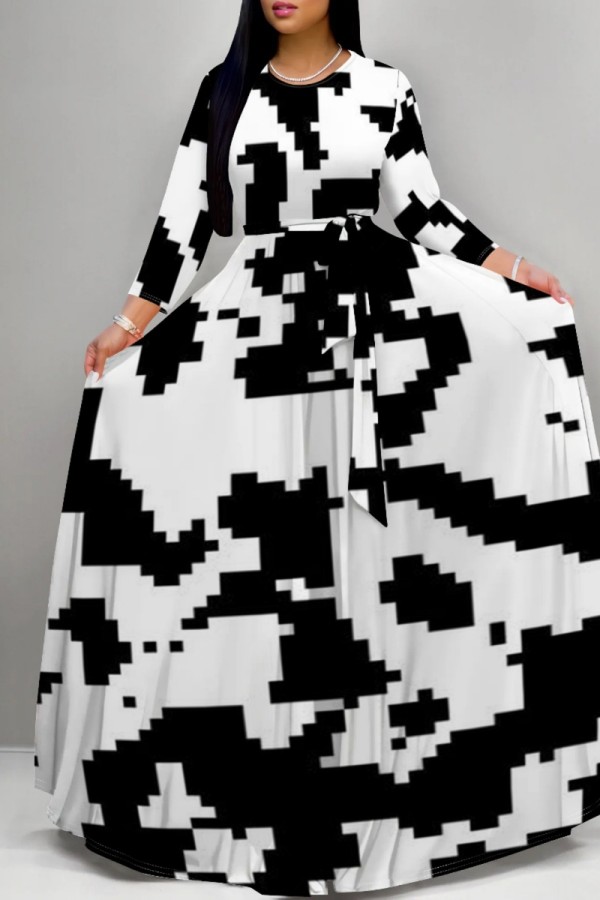 Black White Casual Print Basic O Neck Long Dresses