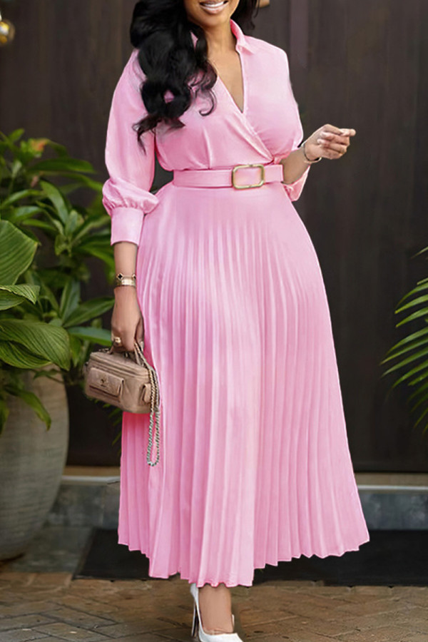 Pink Elegant Solid Color Patchwork Ruched With Belt V Neck A Line Dresses