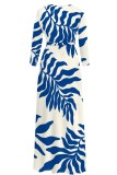 Blue Casual Print Belted V Neck Long Dresses
