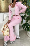 Pink Casual Letters Draw String Patchwork Zipper Zipper Collar Long Sleeve Two Pieces