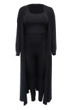 Black Casual Solid Color Basic U Neck Plus Size Three Piece Set