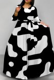 White Casual Print Basic O Neck Long Dresses