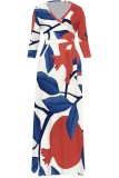 Blue Casual Print Belted V Neck Long Dresses