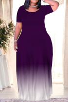 Purple Casual Gradient Print Pocket O Neck Printed Plus Size Dresses
