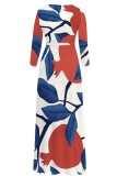 Blue Casual Print Belted V Neck Long Dresses