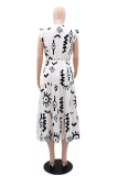 White Casual Print Belted V Neck Long Dresses