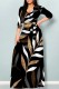 Black Casual Print Belted V Neck Long Dresses