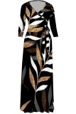 Blue Casual Print Belted V Neck Long Dresses