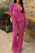 Rose Red Celebrities Solid Color Patchwork Ruched Strap Design Deep V Neck Long Sleeve Two Pieces