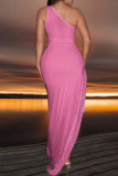 Pink Sexy Patchwork Hot Drilling Fringed Trim Slit Oblique Collar Dresses