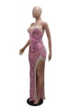 Pink Sexy Patchwork Sequins Backless Slit Spaghetti Strap Long Dresses