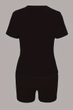 Black Casual Print Patchwork O Neck Short Sleeve Two Pieces