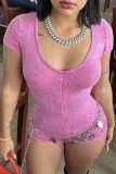 violet Sexy Solid Color Patchwork U Neck Skinny Rompers
