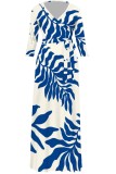 Blue Casual Print Belted V Neck Long Dresses