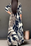 Blue Casual Print Belted V Neck Long Dresses