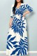 Blue Casual Print Belted V Neck Long Dresses