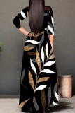 Blue Casual Print Belted V Neck Long Dresses