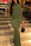 Coffee Casual Solid Color Ruched O Neck Long Dresses