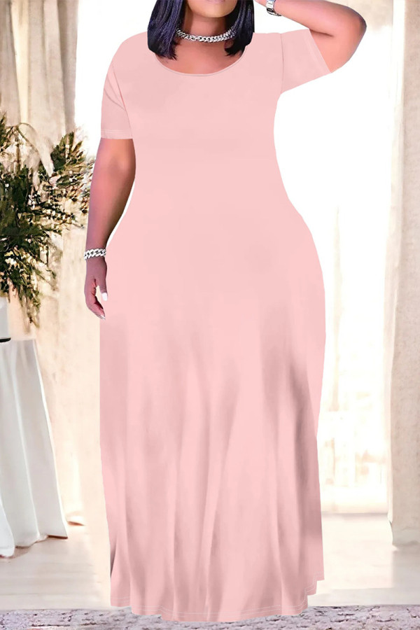 Pink Casual Daily Solid Color Pocket O Neck Printed Plus Size Dresses
