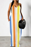 Tibetan Blue Casual Print Patchwork Backless Spaghetti Strap Sling Dresses