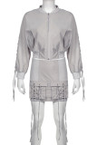 Grey Street Solid Color Pocket Patchwork Strap Design Zipper Zipper Collar Long Sleeve Two Pieces